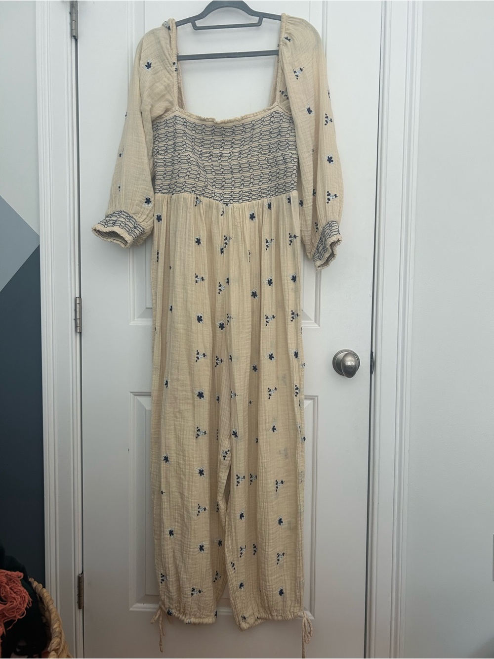 Free People Dahlia White Blue Embroidered Smocked Jumpsuit - Picture 2 of 8